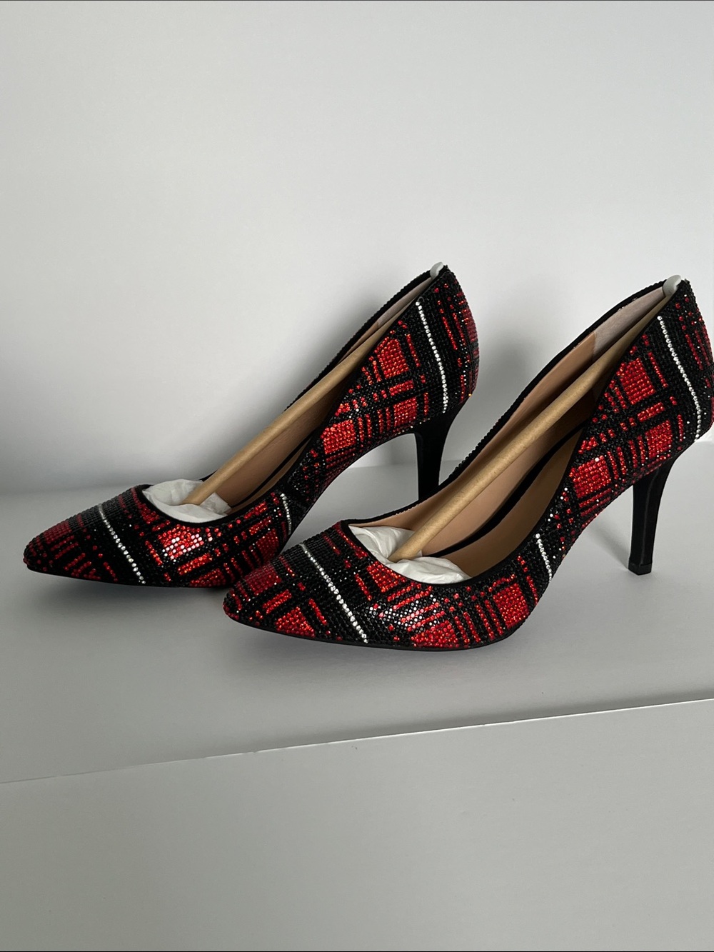 NEW INC International Concepts Red and Black Plaid Sequin Heels - Picture 2 of 5